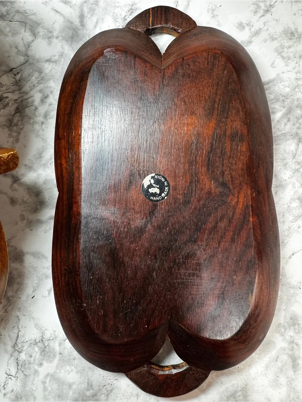 Lot of 2 Monkey Pod Light/Dark Wood Serving Bowls Tray